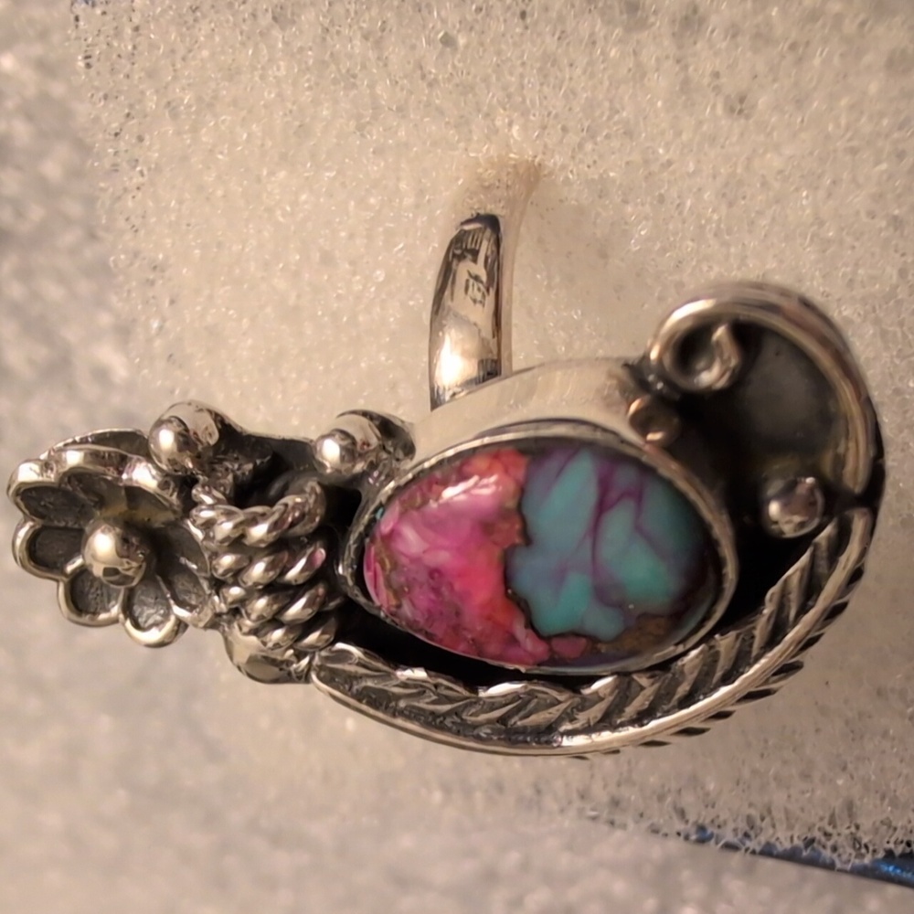Sterling Silver Floral Feather Turquoise and Pink Stone Ring - Picture 2 of 8